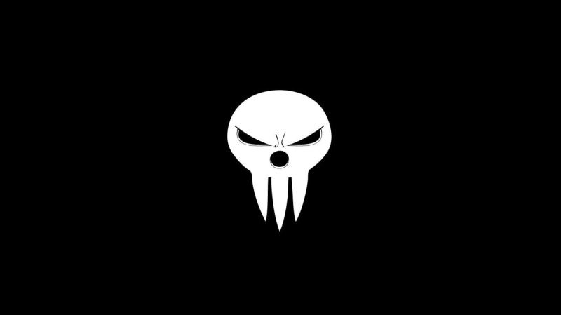 human representation, still life, indoors, punisher, studio shot, mask, smiling, illuminated, simple background, face, glowing, black background, single object