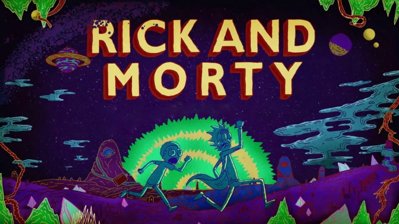 purple, representation, built structure, capital letter, communication, TV Show, text, Rick and Morty, outdoors, illustration, sign, information, art and craft