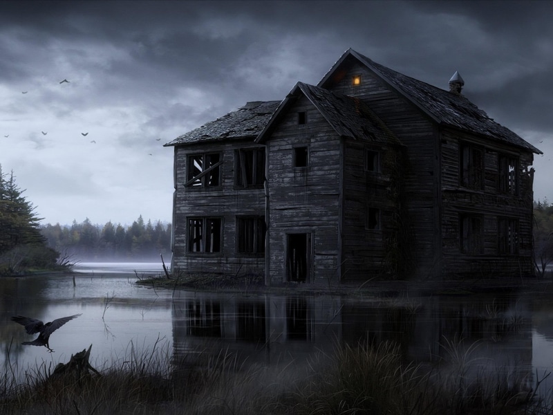 house, clouds, gray, spooky, nature and landscapes, water, dark, eerie, houses, 1080P, halloween, abandoned