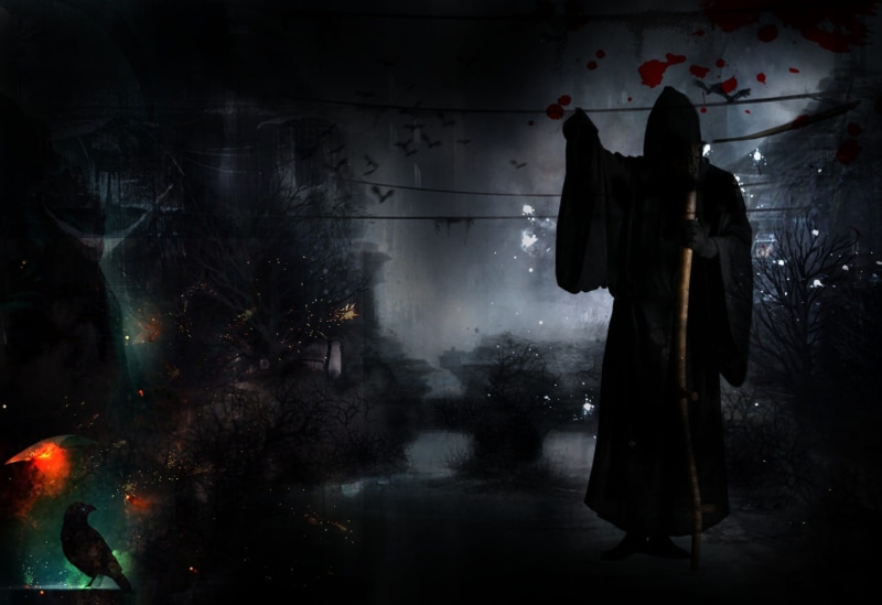 night, raven, black, scary, one person, person, mysterious, creepy, ghost, aggression, reaper, death, event, adult, graphic, three quarter length, celebration