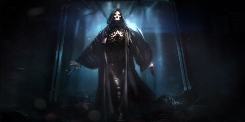 skeleton, hairstyle, one person, death, costume, full length, night, evil, front view, standing, clothing, unrecognizable person, women, 4K, obscured face