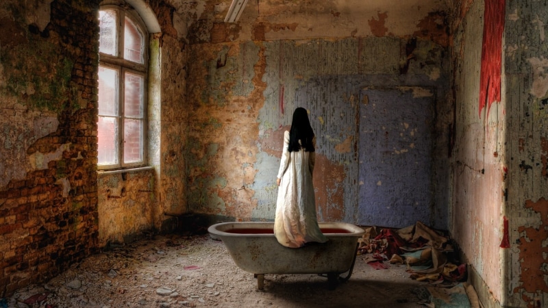 black hair, deterioration, broken, creepy, architectural column, rear view, window, game, bricks, bathtub, digital, 1080P, interior, weathered, built structure