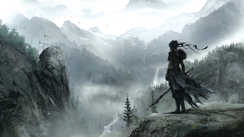 cliff, mountain, PS4, fantasy, 4K, Best games, game, standing, PC, background, Hellblade, sword, man, holding
