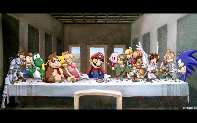 Link, female likeness, group of people, parody, digital art, last, nintendo, The Legend of Zelda, Kirby, Super Mario, table, night, architecture, large group of people