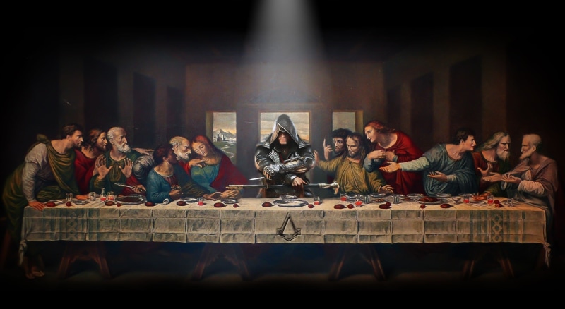 sitting, action, females, Games, 1080P, women, medium group of people, open world, young adult, assassins, 2015, indoors, last supper, portrait, teenager