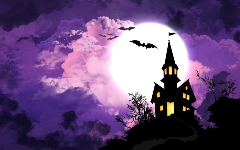 spooky, 2K, purple, bats, flag, halloween, 3d and abstract, pink, yellow, house, black, moon