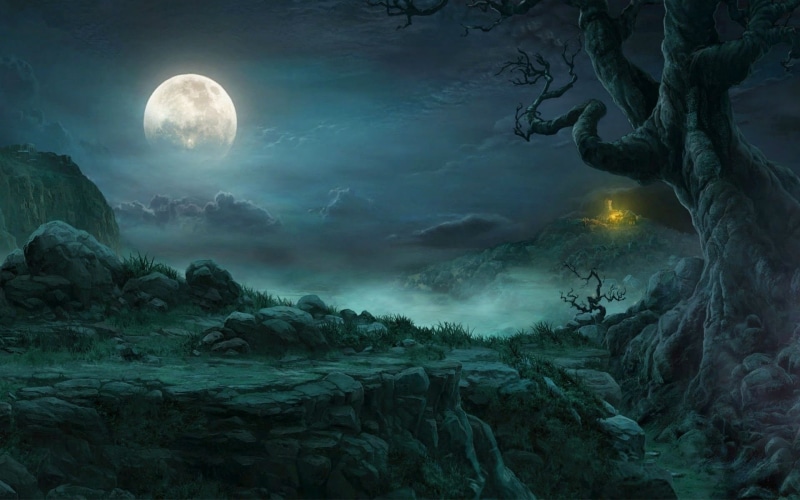 beauty in nature, fog, night, scary, Dark, nature, environment, no people, land, horror, outdoors, 1080P, Evil, sky, plant, fantasy, landscape, moonlight