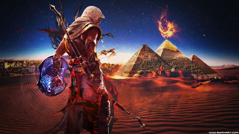 the past, adult, s, pyramid, religion, Assassins Creed: Origins, 4K, travel, sky, nature, creed, star - space, astronomy, assassin, digital composite