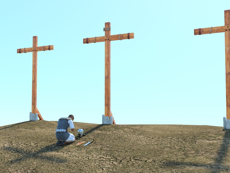 calvary, land, floor, christianity, sitting, faith, prayer, spirituality, crucifixion, men, bible, 4K, nature, legionnaire, front, mountain, full length