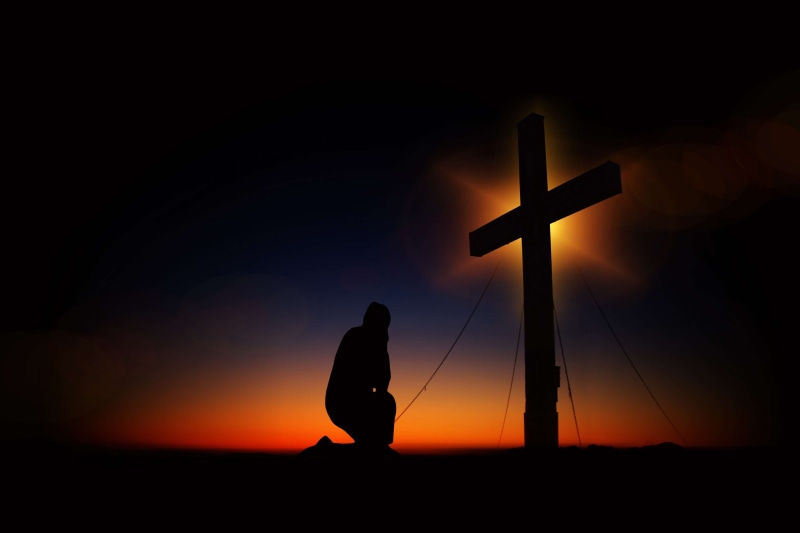 nature, crucifixion, 4K, sky, spirituality, lens flare, religion, kneeling, backlit, back lit, light, sunset, meditation, forgiveness, standing, one person