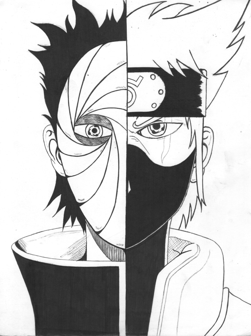 2K, side view, creativity, monochrome, Tobi, illustration, painted, anime boys, young women, nature, adult, digital composite, Uchiha Obito, representation