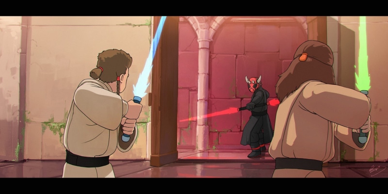 side view, two people, communication, 1080P, Star Wars: The Phantom Menace, indoors, wireless technology, clothing, creativity, occupation, art and craft