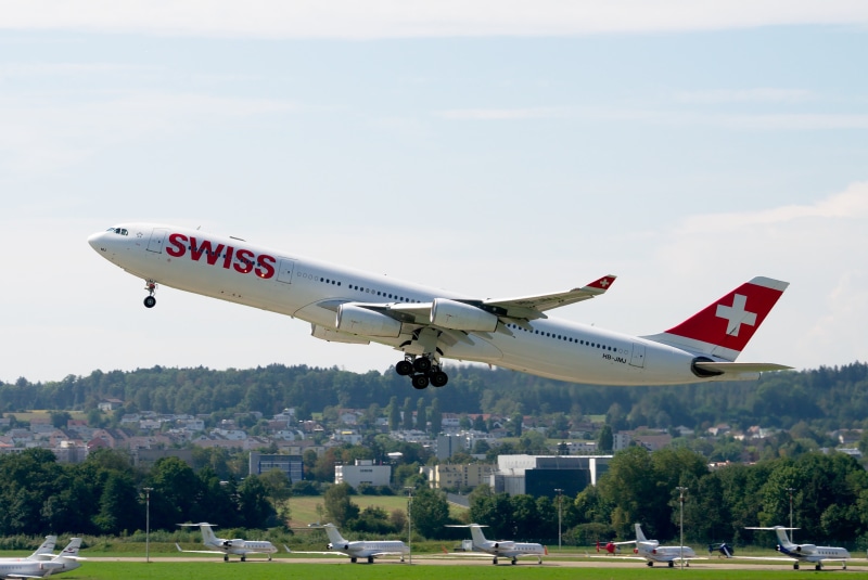 4K, departure, mode of transportation, swiss airlines, aerospace industry, flight, taking off, white, mid-air, on the move, sky, aviation, runway, aircraft