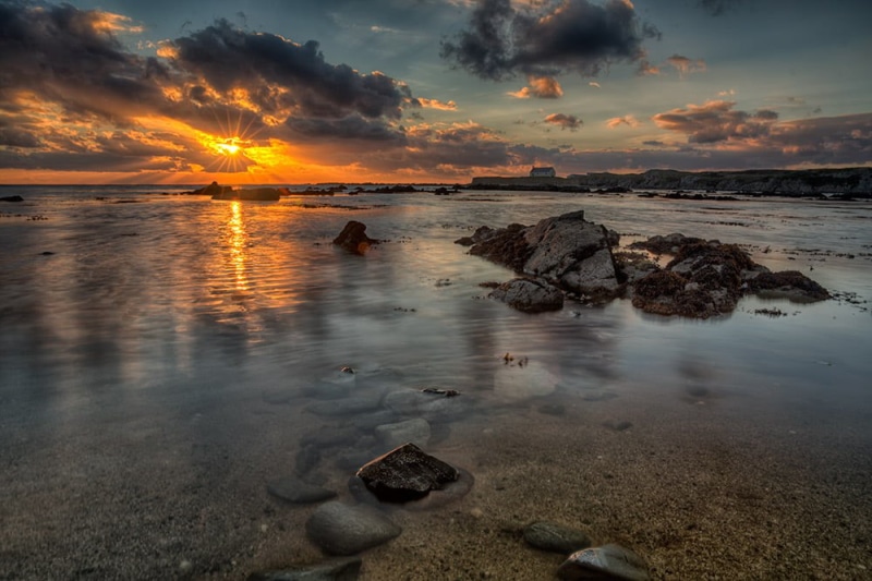 480P, summer, reflection, sun, 70mm, f2, Church, II, landscape, rock - Object, coastline, nature, scenics, sea shore, shore, Cwyfan, beach, HDR, dusk