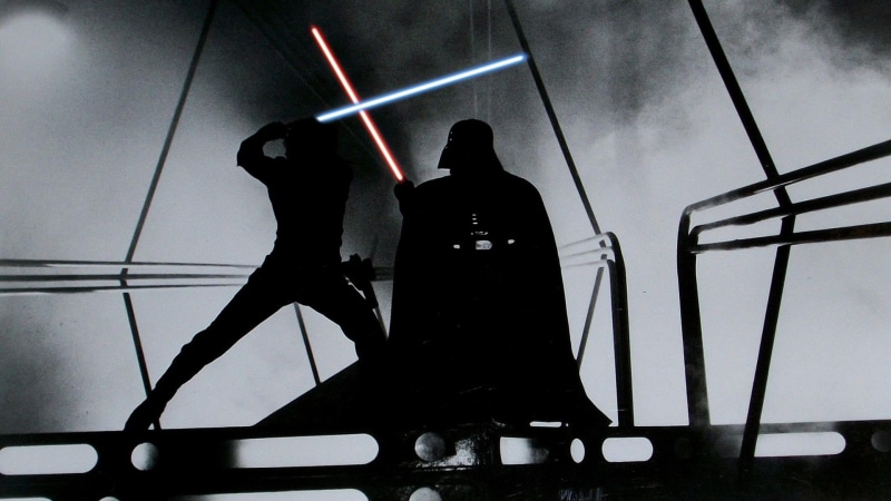 men, flooring, arts culture and entertainment, illuminated, Star Wars, representation, real people, two people, leisure activity, human representation