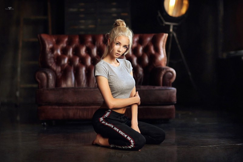 contemplation, Katerina Shiryaeva, crew, t, Katerina Shiriaeva, kneeling, hairstyle, one person, belly, young adult, full length, couch, cozy, casual clothing
