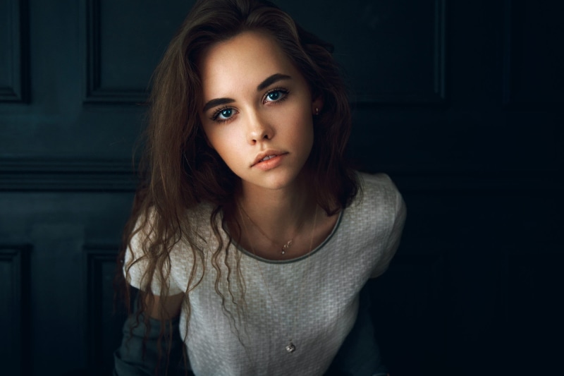 teenager, 1080P, crew, white, one person, young adult, shirt, long hair, s, white tops, contemplation, looking at camera, beauty, adult, face, hairstyle
