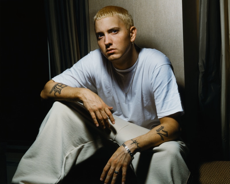 one person, Singer, seat, leisure activity, 4K, Eminem, looking at camera, lifestyles, three quarter length, casual clothing, indoors, real people