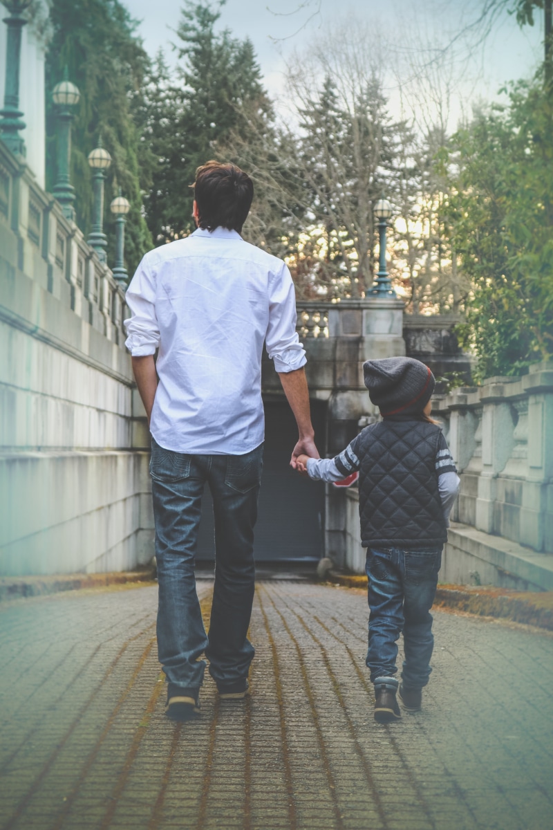 city, trees, lifestyles, together, togetherness, father and son, father, family, care, childhood, sleeved, two people, people, leaf, long, holding, green
