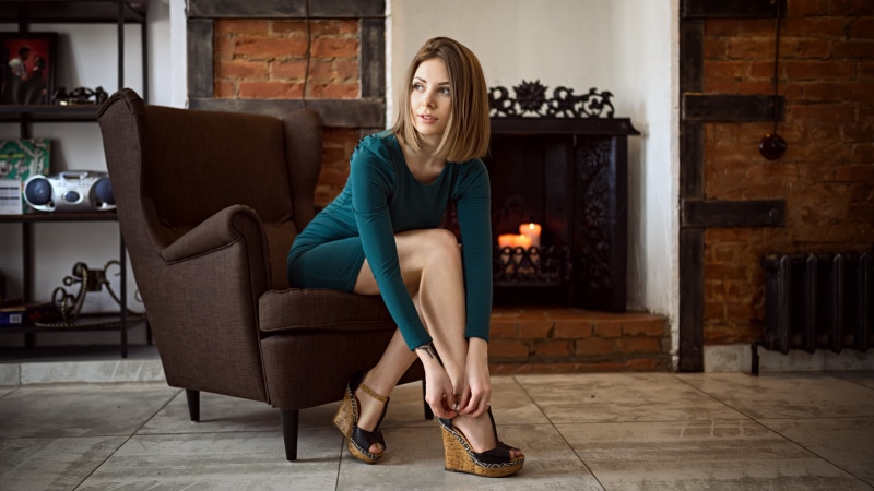 Sergey Fat, indoors, long, chair, looking away, sleeved, women, hairstyle, blonde, full length, beauty, hair, dress, portrait, domestic room, s, 1080P