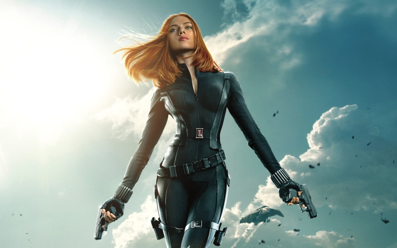 sky, environment, beautiful woman, adventure, three quarter length, sport, young adult, redhead, low angle view, black suit, nature, Black Widow, 2K, adult