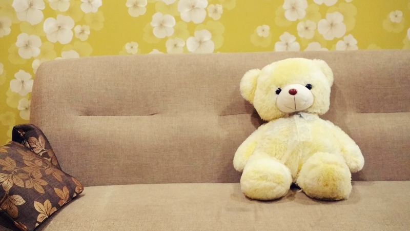 domestic room, kids toy, close-up, wall, table, relaxation, living room, indoors, white, soft toy, pillow, yellow, toy, stuffed, flower