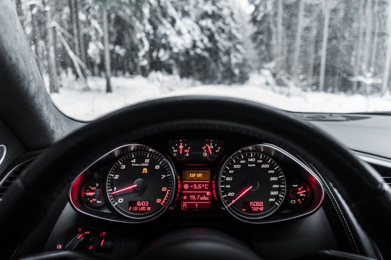 land vehicle, esp off, steering wheel, control panel, snow, control, driving, supercar, sportcar, speedometer, windshield, cockpit, stability, snowing
