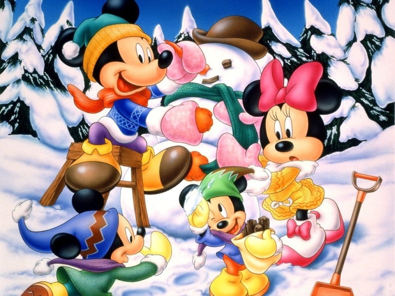 Winter, disney, mouse, mickey, movies, hd, fun, mickey mouse, entertainment, art, snowman, snow, 480P, Pine Trees