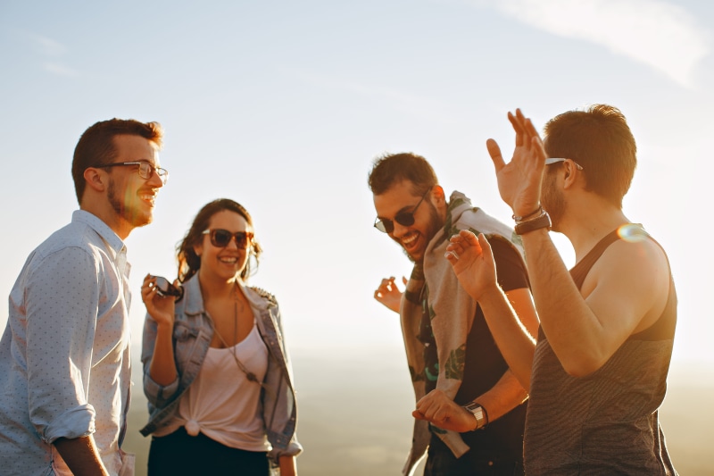 sunset, wear, cheerful, female, young men, enjoyment, smile, glasses, bonding, group, emotion, dancing, casual, 4K, sky, adult, women, summer, friendship