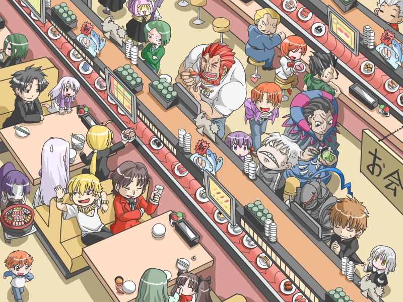 Lancer (Fate/Zero), creativity, high angle view, retail, still life, Gilgamesh, Kiritsugu Emiya, indoors, arrangement, male likeness, Fate Series, Matou Sakura