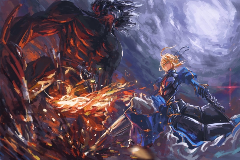 Berserker (Fate/Stay Night), water, burning, outdoors, alloy, fire, steel, 1080P, smoke - physical structure, Fate/Stay Night, leaf, event