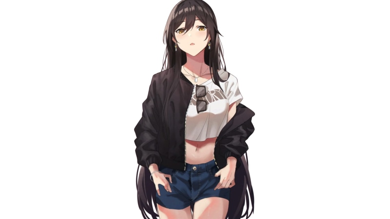 long hair, glasses, minimalism, anime girls, simple background, belly, manga, 1080P, shorts, anime, looking at viewer