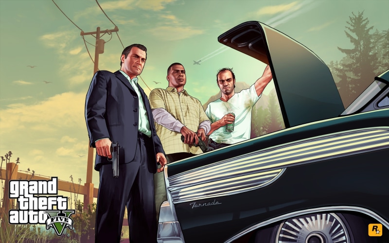video games, smiling, outdoors, adult, Grand Theft Auto V, standing, mature men, grand, mid adult men, togetherness, group of people, son, cover, 2K, real people