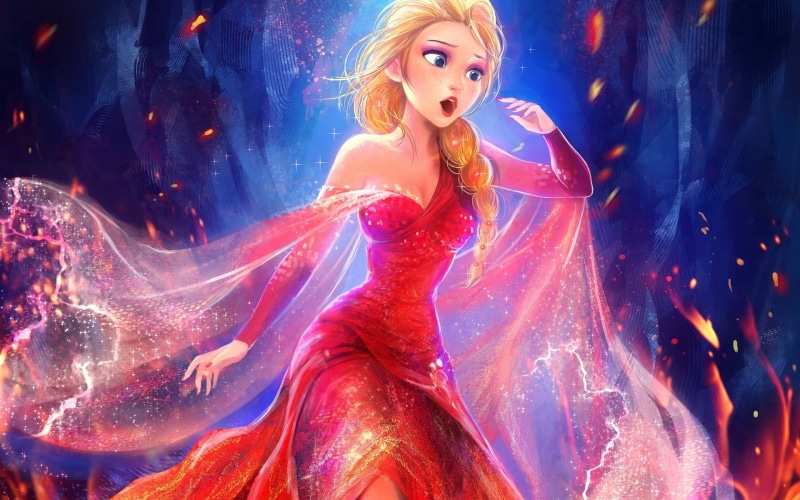 painting, Elsa, Red, Princess, Movie, Disney, Frozen, Beautiful, 1080P, Dress