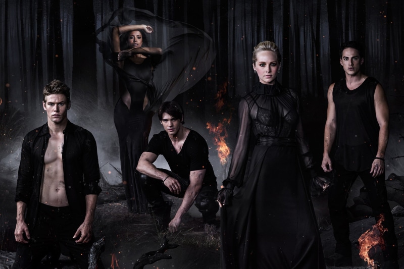 group of people, men, women, Candice Accola, standing, Paul Wesley, Tyler Lockwood, clothing, character, poster, Stefan Salvatore, Steven R. McQueen, Zach Roerig