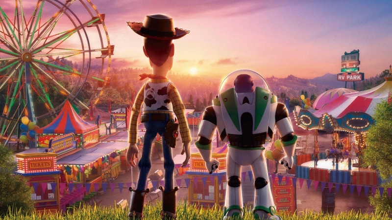 Toy, Ferris Wheel, Hat, Movie, Carnival, Buzz Lightyear, Sun, Woody (Toy Story), Sunset, 4K, Toy Story 4