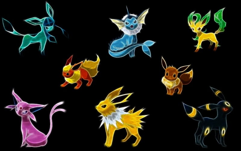 1080P, eeveelutions, art, hd, black, anime, eevee, jolteon, pokemon, background, espeon, Flareon, Vaporeon