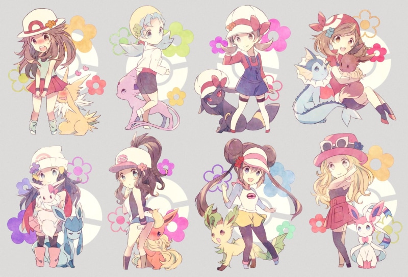 torute, espeon, skirt, blush, sylveon, twintails, group, long, leafeon, 720P, vaporeon, pokemon, hair, ponytail, jolteon, umbreon, hat, crystal, glaceon