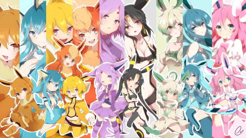 pokemon, chibi, hair, blue, glaceon, thighhighs, leafeon, brown, sylveon, 1080P, jolteon, eevee, black, flareon, espeon, pink, vaporeon, umbreon, eyes