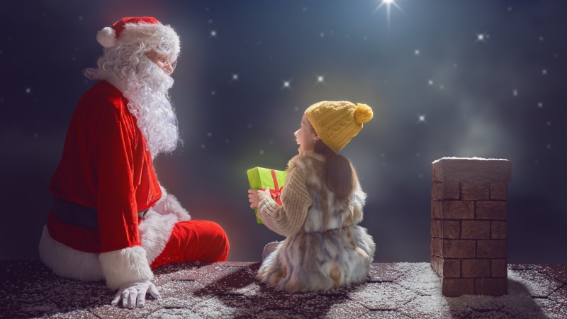 night, 5K, christmas, roof, santa claus, rooftop, 5k uhd, gift, child, chimney