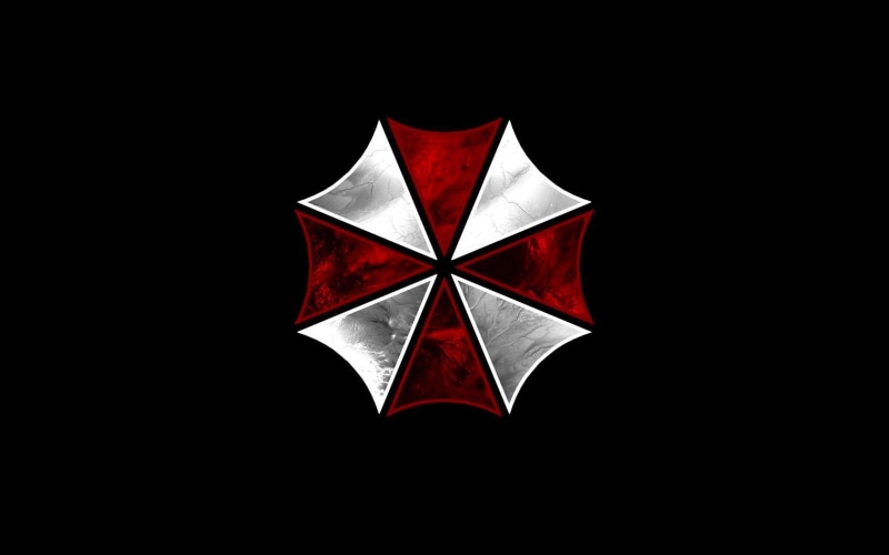 black background, indoors, creativity, design, white color, dark, Umbrella Corporation, studio shot, copy space, shape, 720P, red, single object, close-up