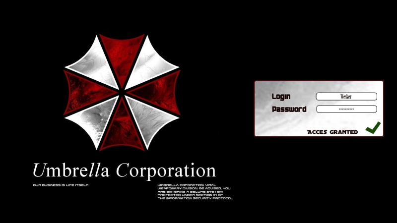 black color, logo, copy space, indoors, paper, umbrella, still life, studio shot, movies, communication, no people, corporation, western script, Albert Wesker