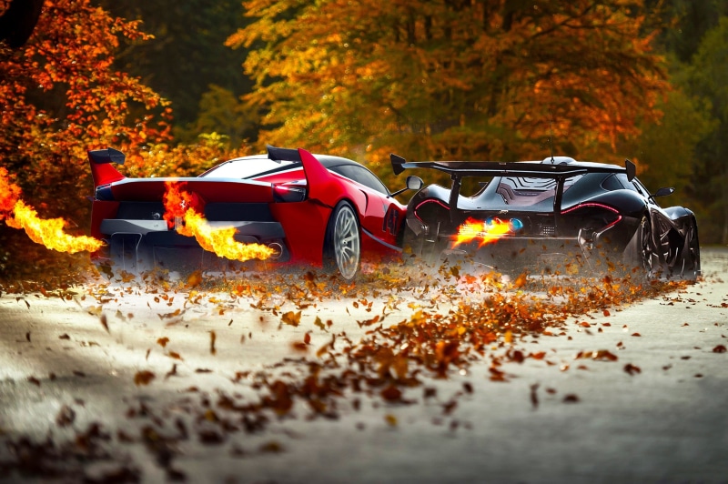 Ferrari FXX-K, outdoors, red, vehicle, land vehicle, sport, autumn, leaves, tree, land, 1080P, pavement, day, fire, mode of transportation, plant, black cars