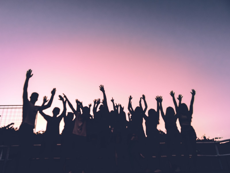 silhouette, group, large group of people, men, concert, lifestyles, sky, sunset, person, leisure activity, stage, togetherness, crowd, party, dance pose