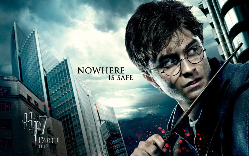 men, city, communication, Harry Potter, 1080P, office building exterior, glasses, text, looking at camera, building exterior, portrait, one person, skyscraper