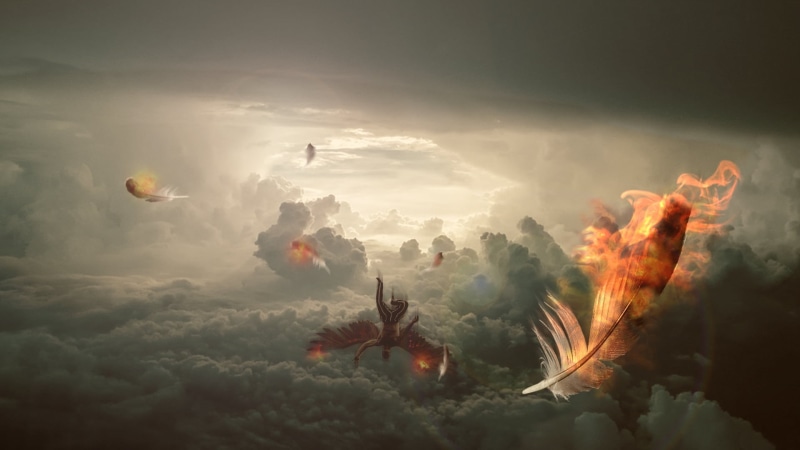 1080P, Composite, flying, Icarus, burning, falling, wings, clouds, fire