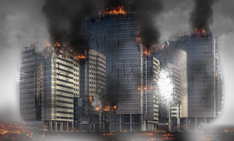 illuminated, destruction, armageddon, apocalyptic, concrete, outdoors, pollution, smoke - physical structure, apocalypse, explosion, fire - natural phenomenon