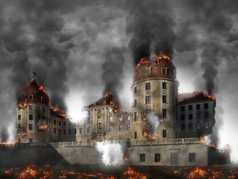 rubble, concrete, hell, explosion, outdoors, destruction, smoke, sky, smoke - physical structure, the past, building, built structure, water, pollution