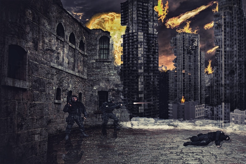 standing, history, fight, smoke, armageddon, building exterior, men, doomsday, nature, burn, day, built structure, outdoors, conflict, explosion, real people