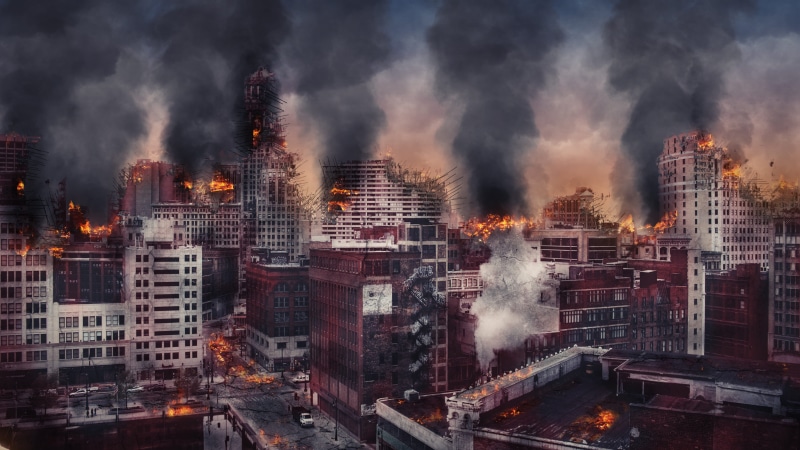building, armageddon, apocalypse, crowd, 4K, city, cracks, outdoors, architecture, devastation, skyscraper, urban skyline, cityscape, nature, illuminated